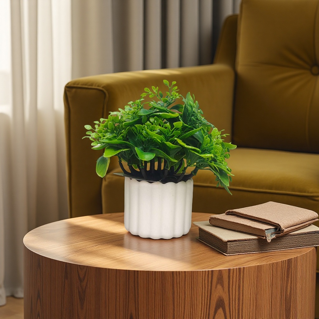 White flowerpots with green artificial plants as living room and balcony decorative items Application Scenario