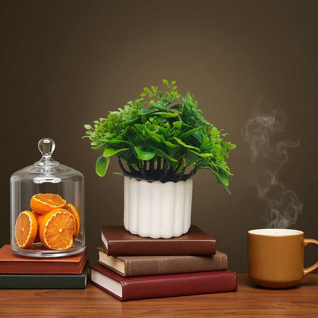 White flowerpots with green artificial plants as living room and balcony decorative items details Picture