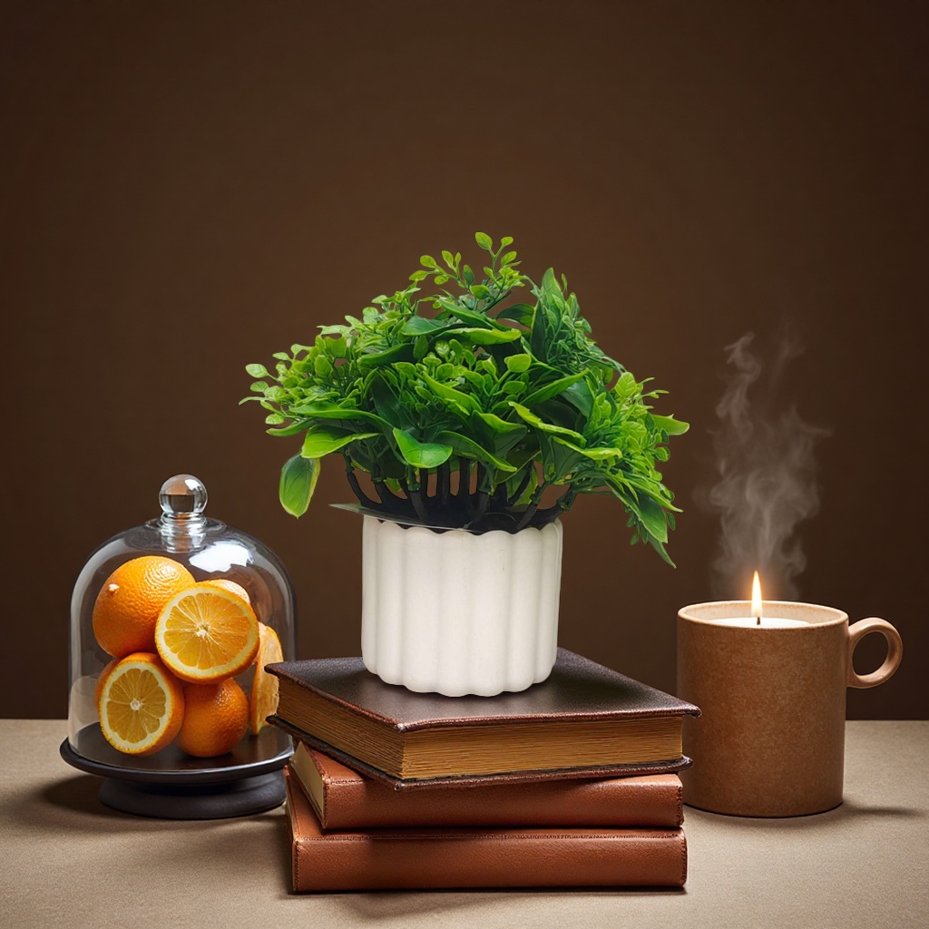 White flowerpots with green artificial plants as living room and balcony decorative items