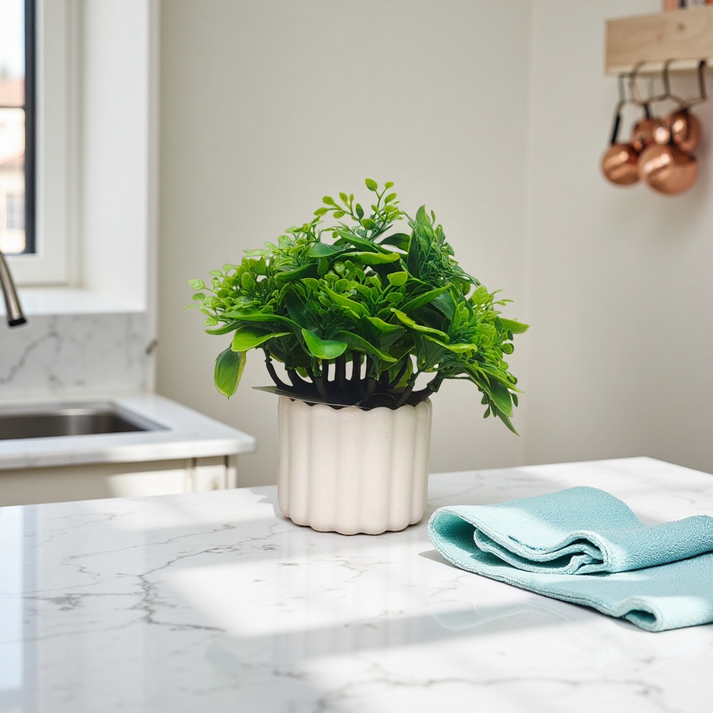 White flowerpots with green artificial plants as living room and balcony decorative items Specification image