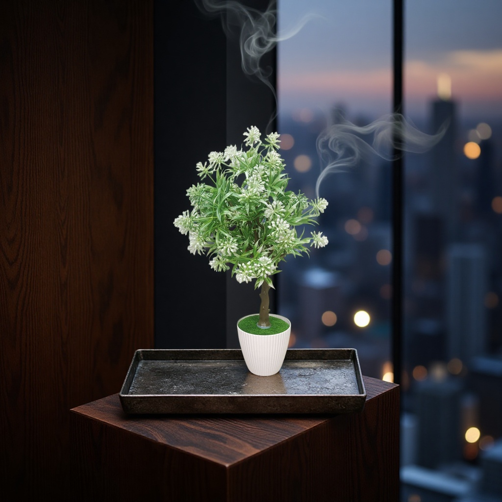 白色花盆配中绿叶白花仿真植物 室内装饰摆件 details Picture