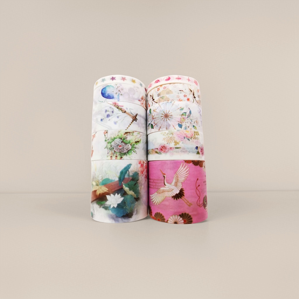 Stacked colored tape rolls made of PVC material, 2cm wide and 10m long, for DIY decoration by hand