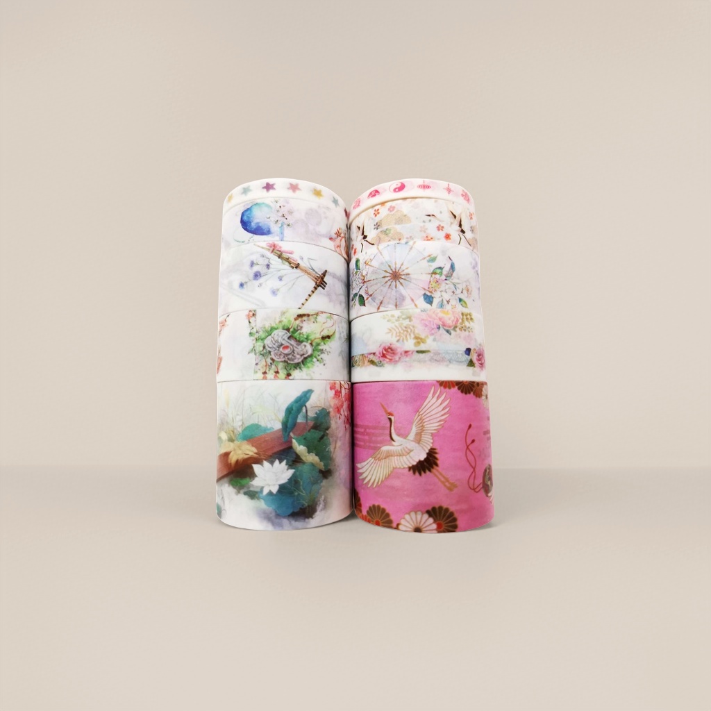Stacked colored tape rolls made of PVC material, 2cm wide and 10m long, for DIY decoration by hand Specification image