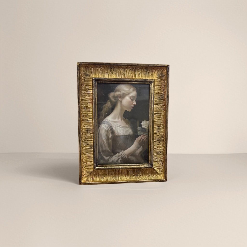 金色雕花相框女子持花画像复古装饰画客厅卧室挂画