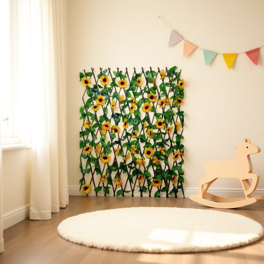 The living room and bedroom background walls are decorated with yellow sunflower vines and artificial plant wall decorations