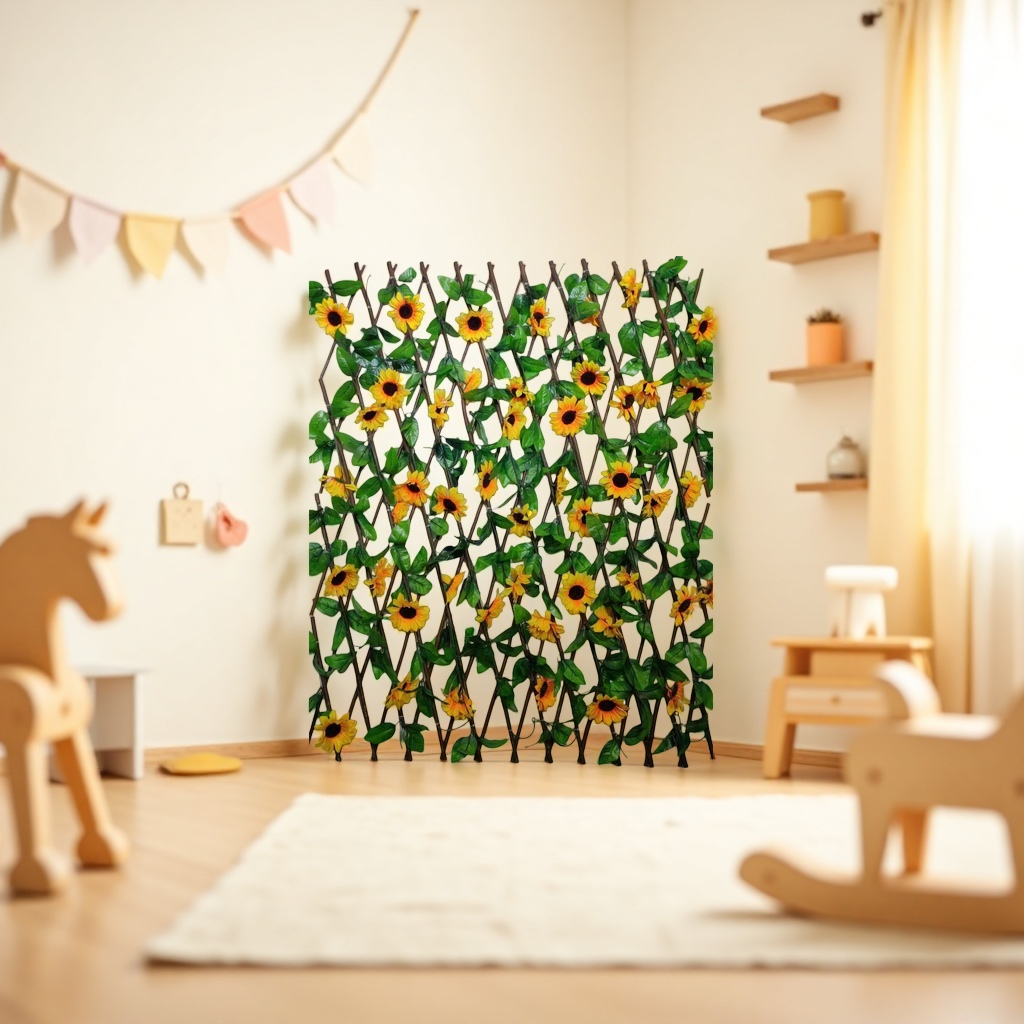 The living room and bedroom background walls are decorated with yellow sunflower vines and artificial plant wall decorations details Picture
