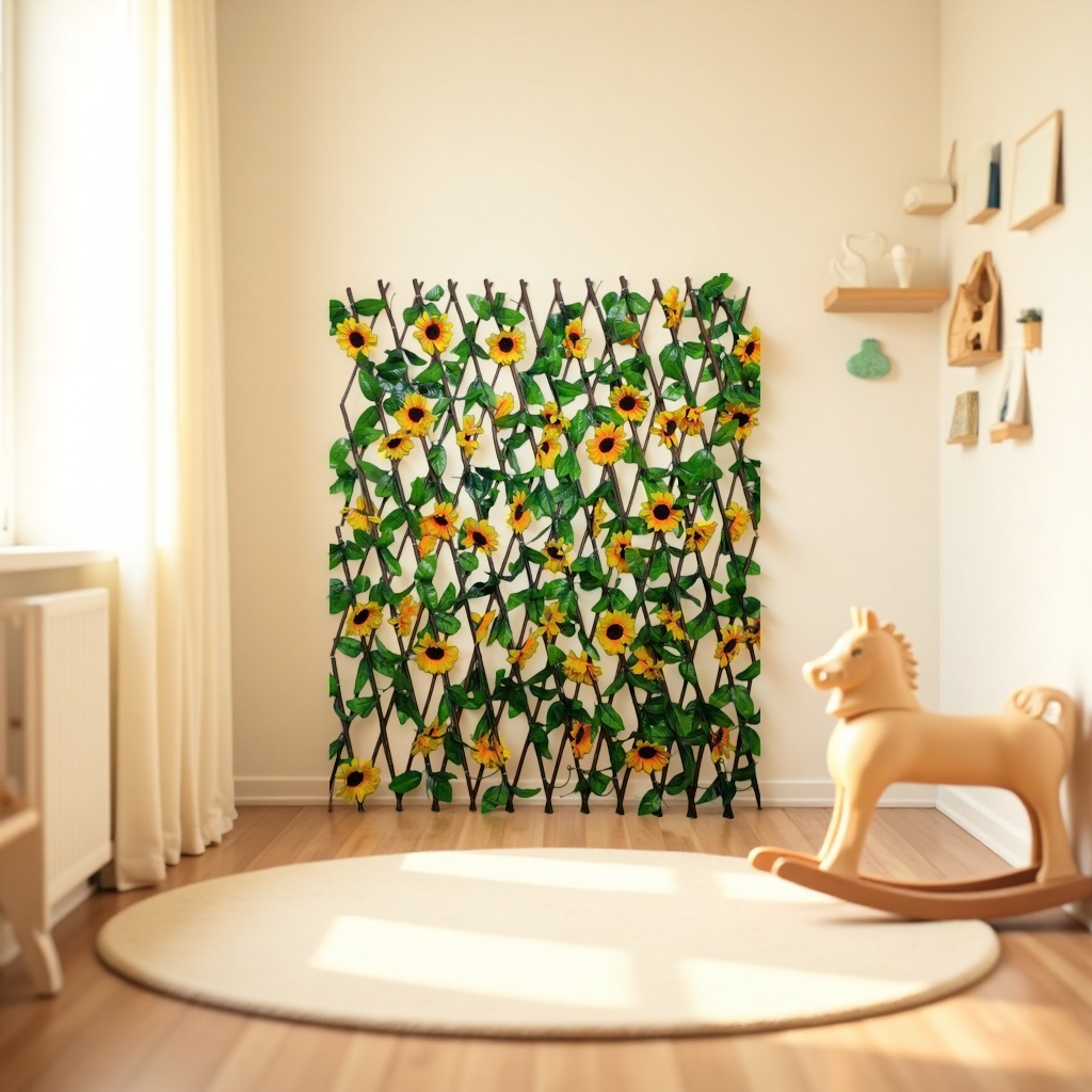 The living room and bedroom background walls are decorated with yellow sunflower vines and artificial plant wall decorations Specification image