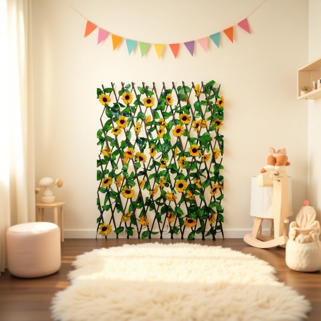 The living room and bedroom background walls are decorated with yellow sunflower vines and artificial plant wall decorations Application Scenario
