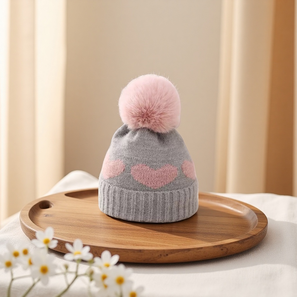 A grey woolen hat paired with a pink woolen heart-shaped pattern warm knitted women's hat