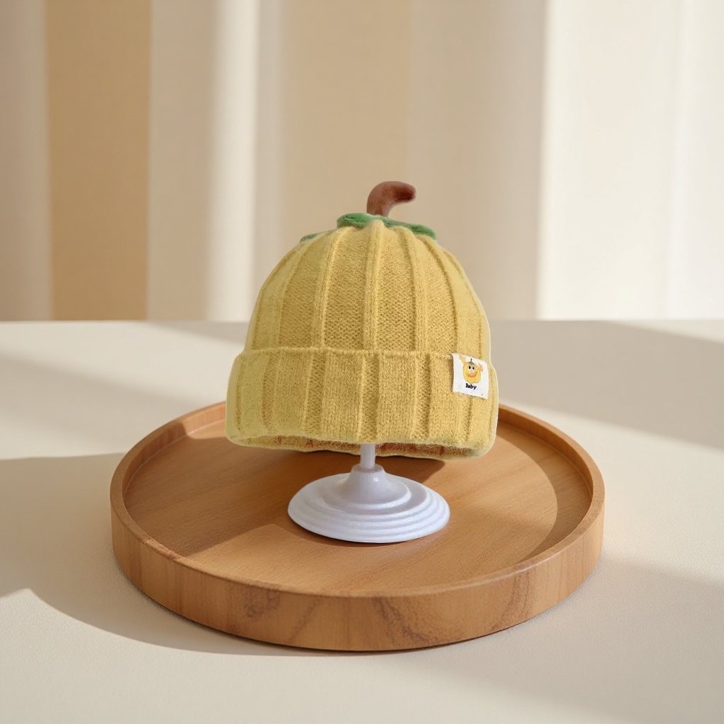 Yellow pumpkin-shaped knitted hat, warm woolen hat, cute cartoon hat for ladies in autumn and winter Specification image