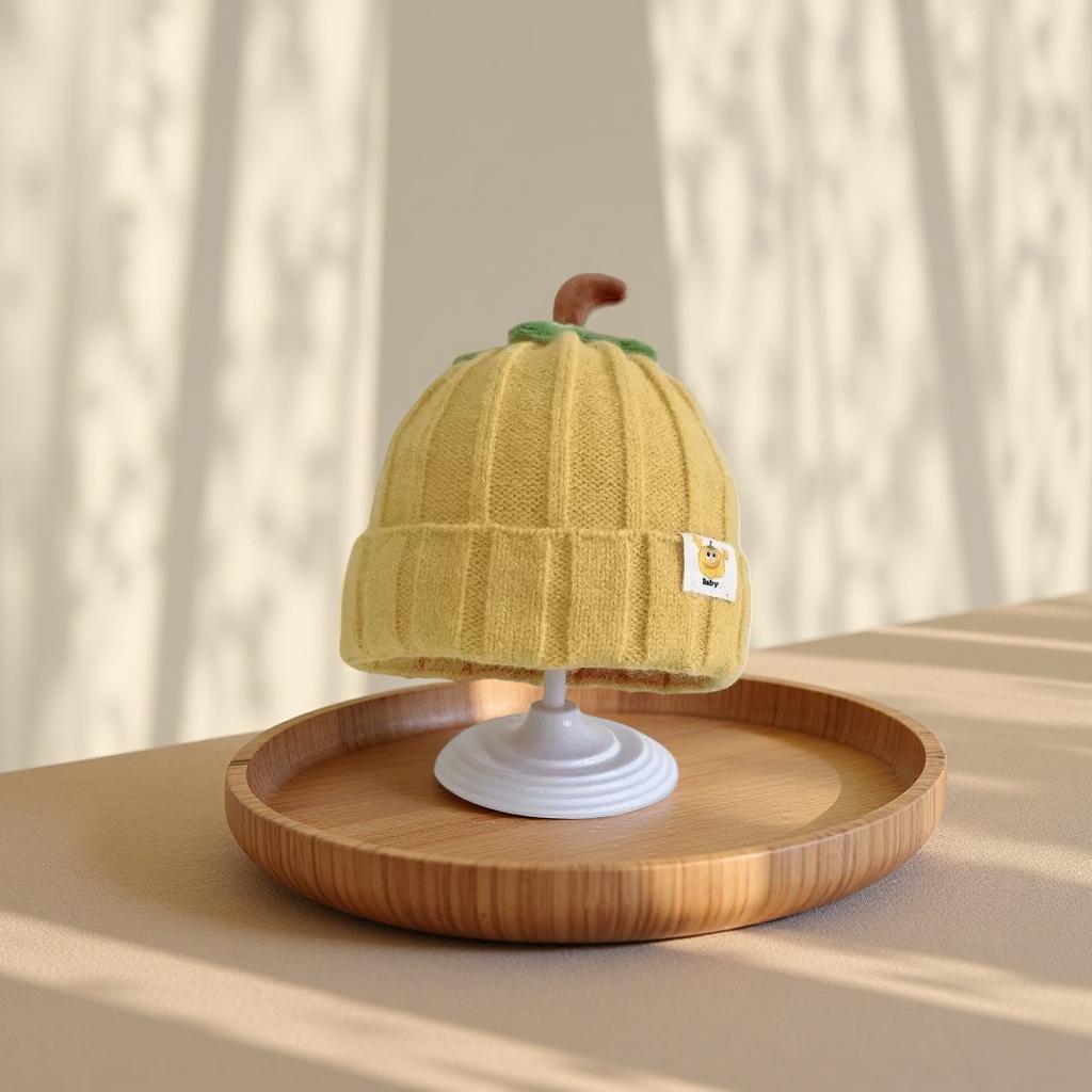 Yellow pumpkin-shaped knitted hat, warm woolen hat, cute cartoon hat for ladies in autumn and winter details Picture