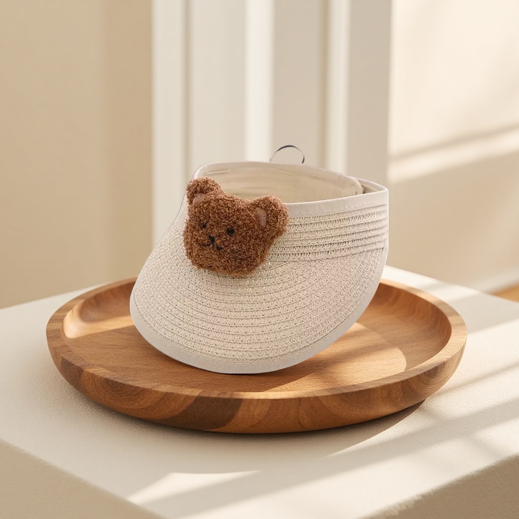 A beige straw-woven sun hat paired with a brown bear plush decorated summer sun protection hat Specification image