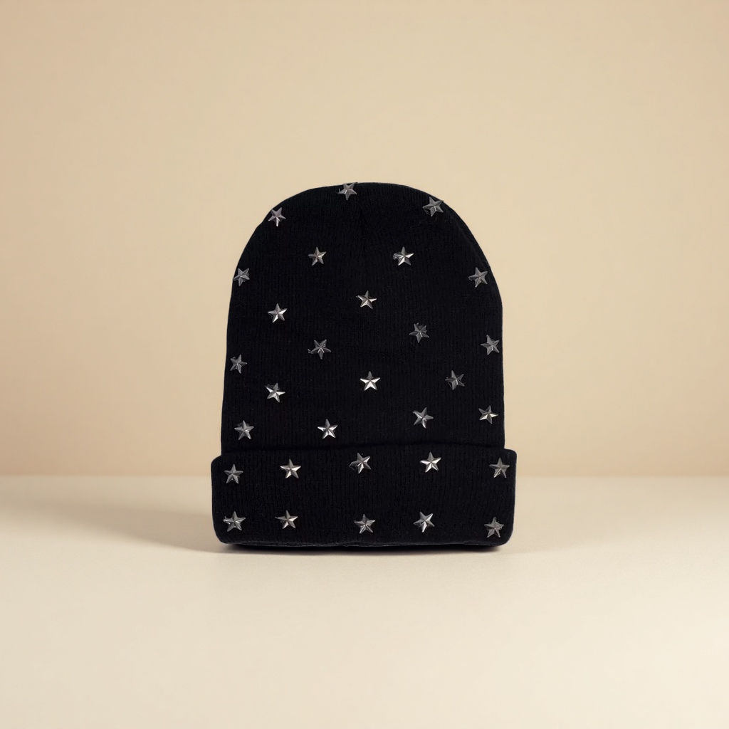 黑色星星装饰针织帽 时尚百搭保暖毛线帽