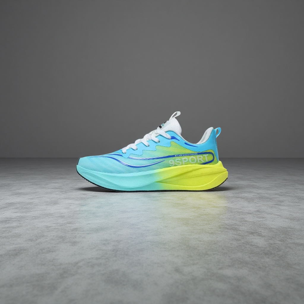 Blue, green and yellow gradient color sports shoes, unisex breathable and shock-absorbing running shoes details Picture
