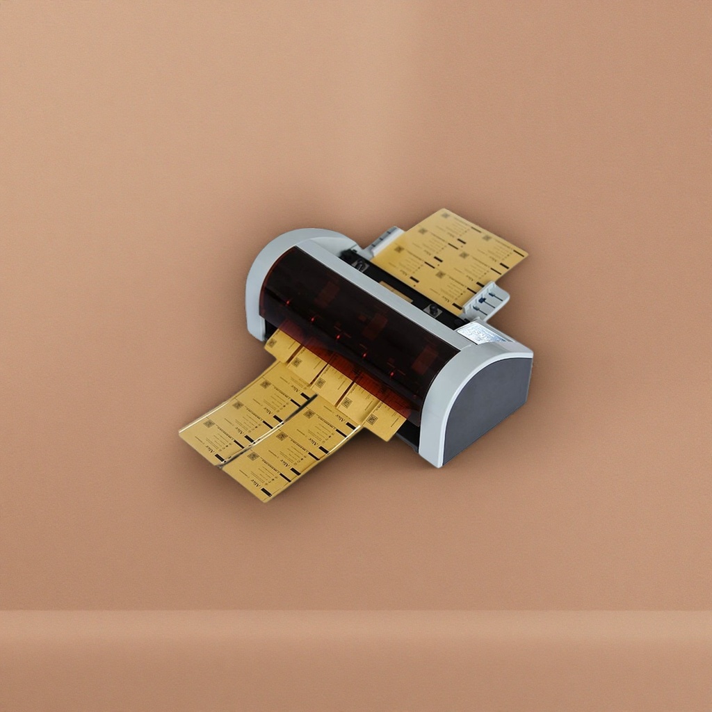 The grey printer is printing yellow label paper compatible with thermal label printers Specification image