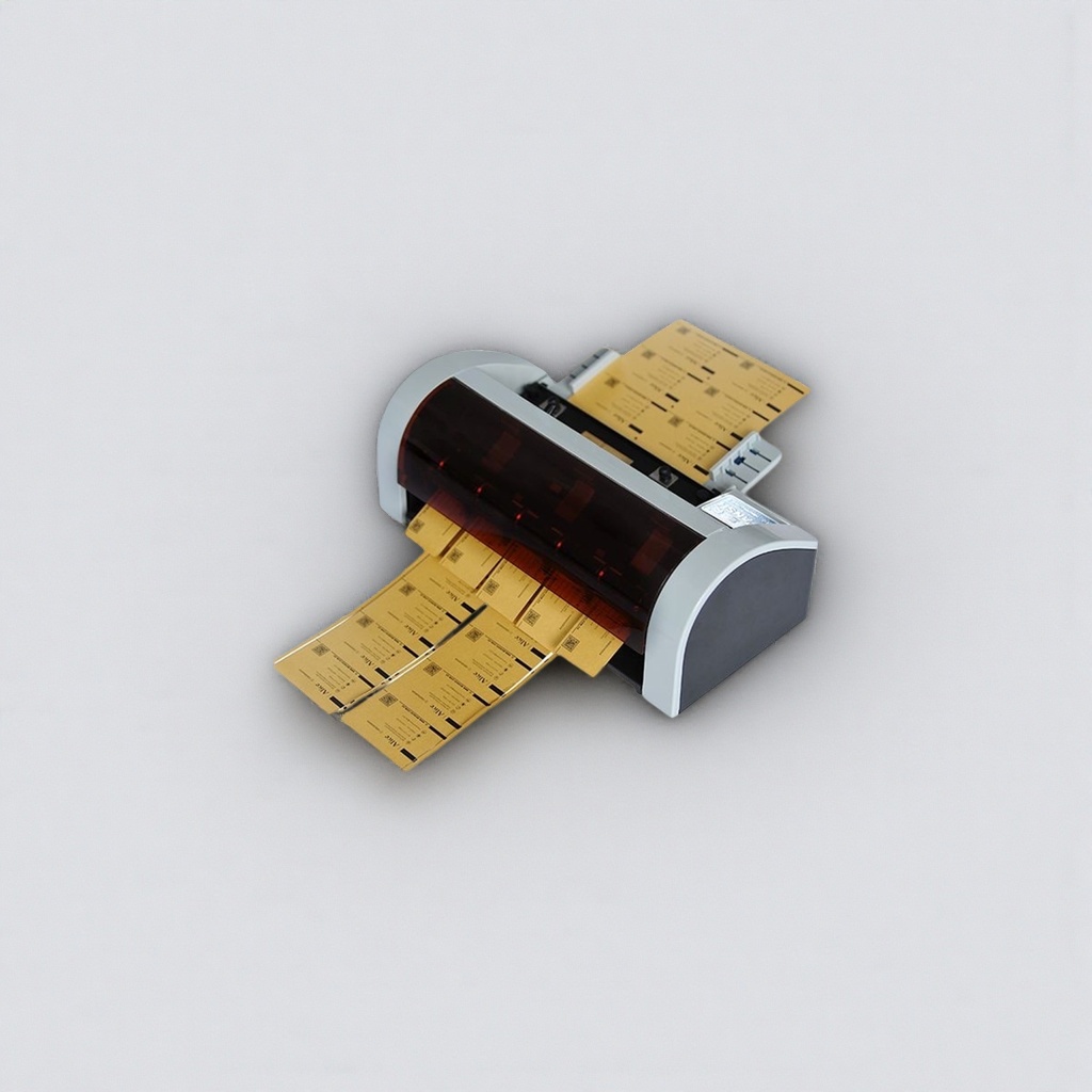 The grey printer is printing yellow label paper compatible with thermal label printers