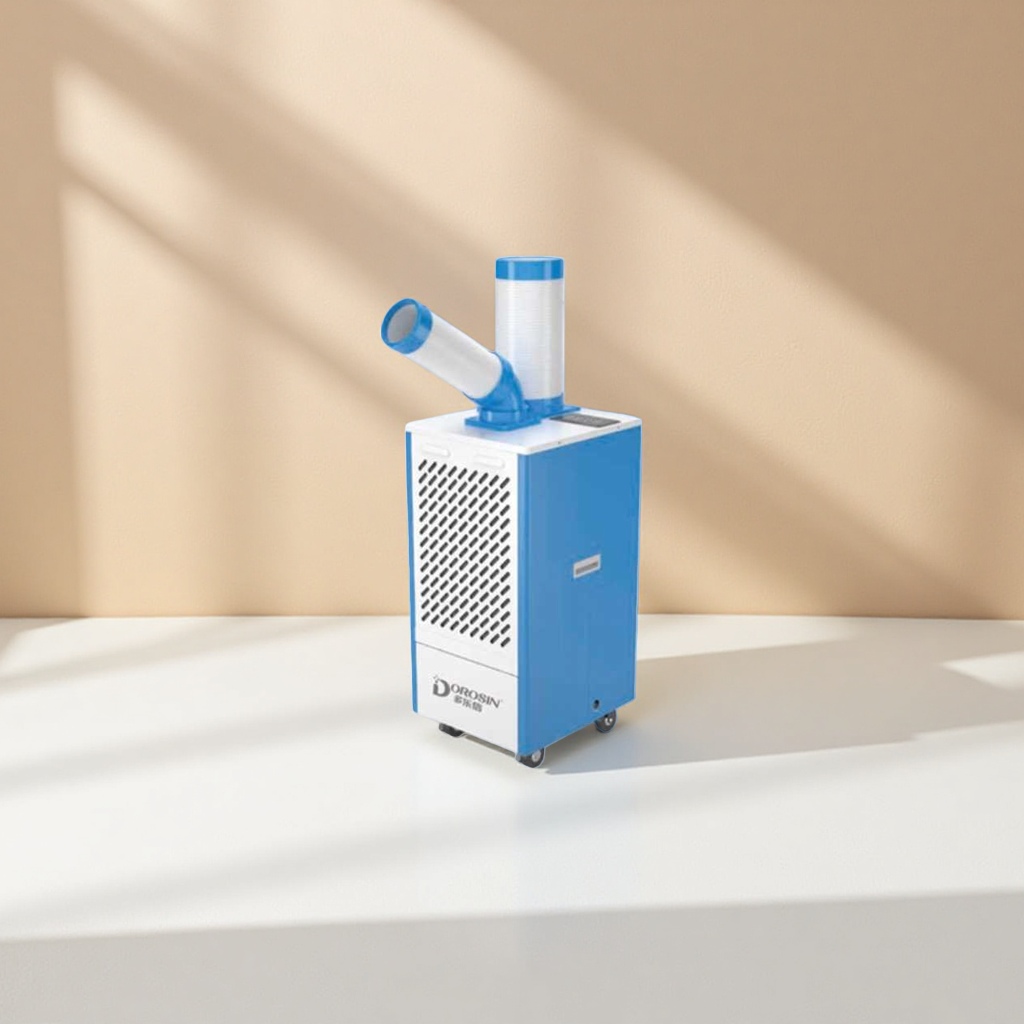 The blue and white mobile air conditioner is a household silent and energy-saving air cooler that can be used for both heating and cooling Specification image