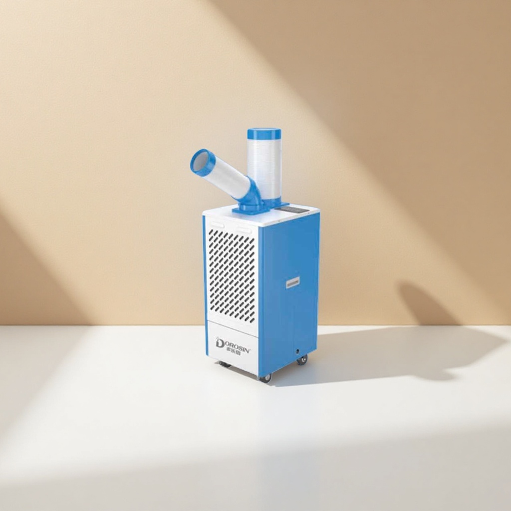 The blue and white mobile air conditioner is a household silent and energy-saving air cooler that can be used for both heating and cooling details Picture