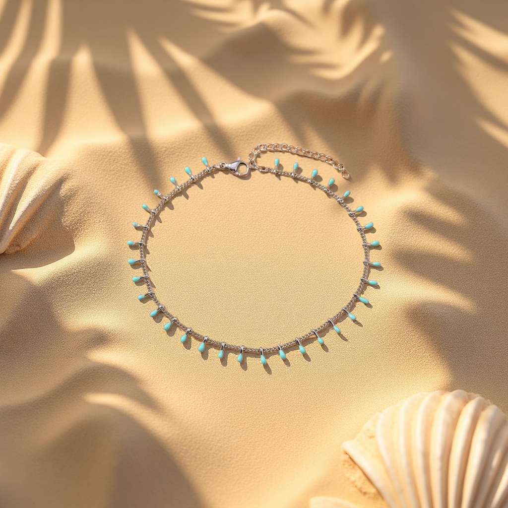 Stainless steel silver chain feet with lake blue oil droplet decoration are popular in Europe and America details Picture