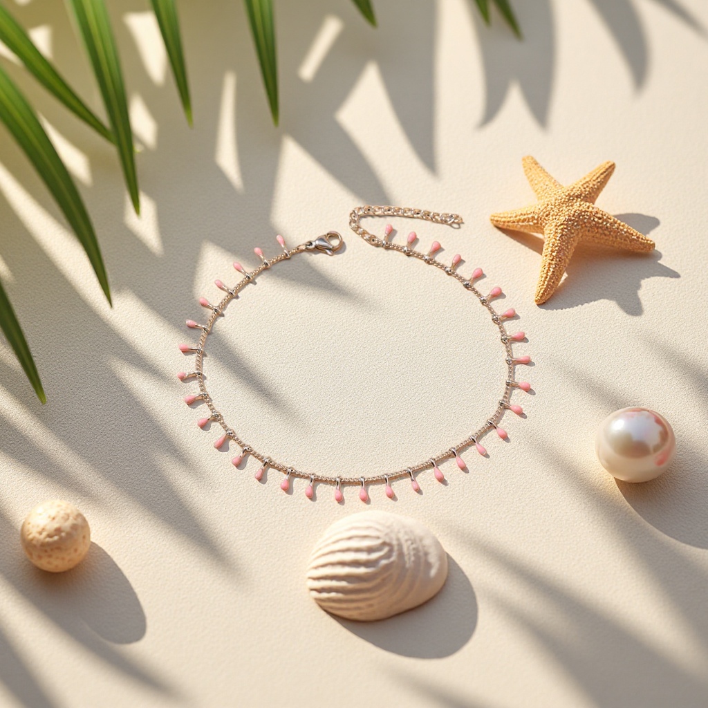 Stainless steel silver chain anklets with pink oil and water drop decorative fashionable accessories are popular in Europe and America details Picture