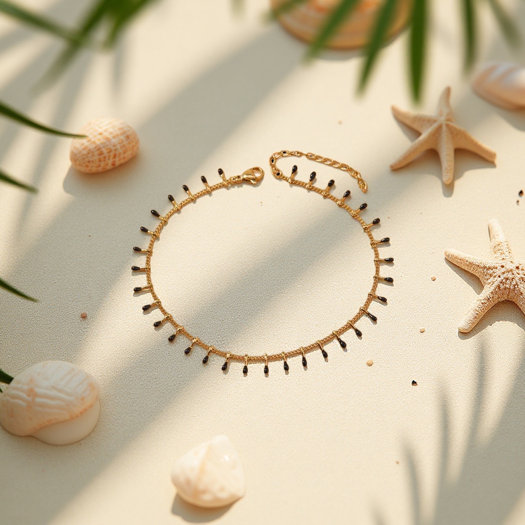 Stainless steel golden chain feet with black oil and water drop decorations are popular in Europe and America. They are fashionable, simple and versatile accessories Application Scenario