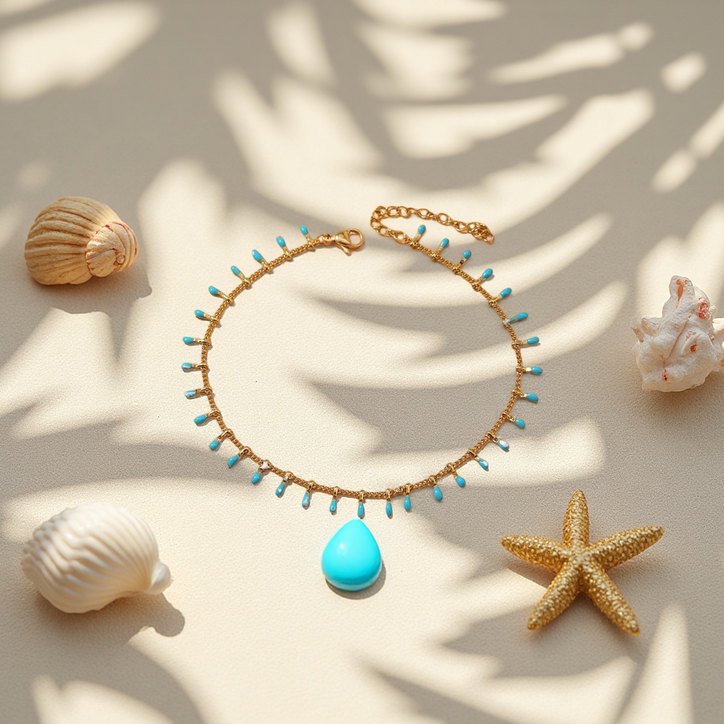 Stainless steel gold chain with blue oil and water droplet decorative ankle chain is a fashionable accessory in Europe and America Specification image