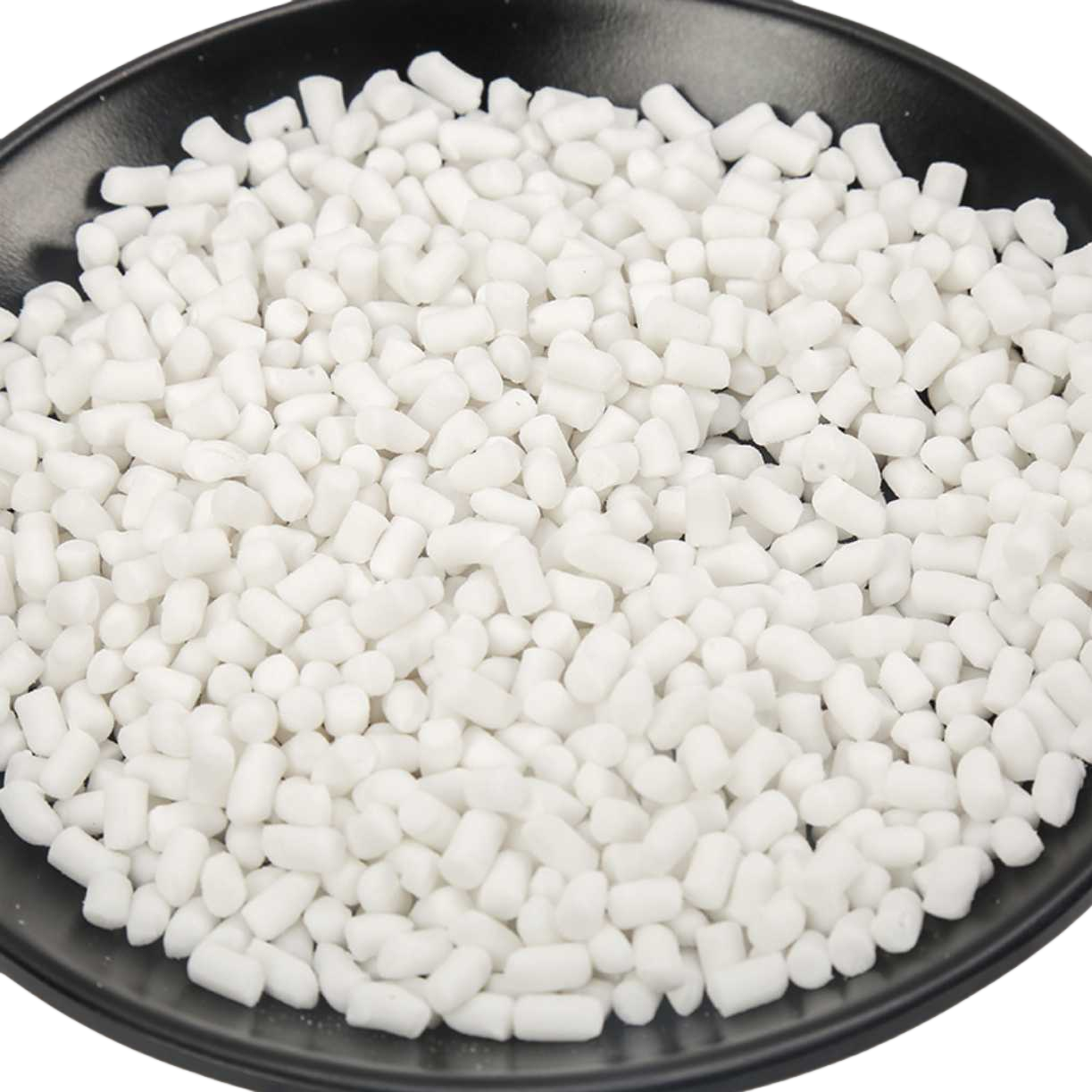 A white granular object is placed in a black plate Item Picture