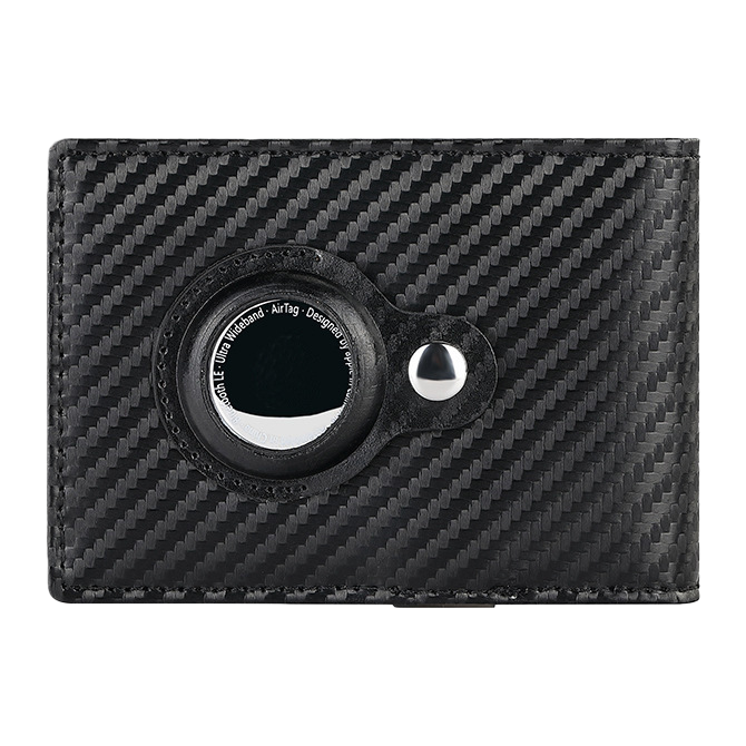 Black carbon fiber textured wallet with circular AirTag slot metal snap fasteners Item Picture