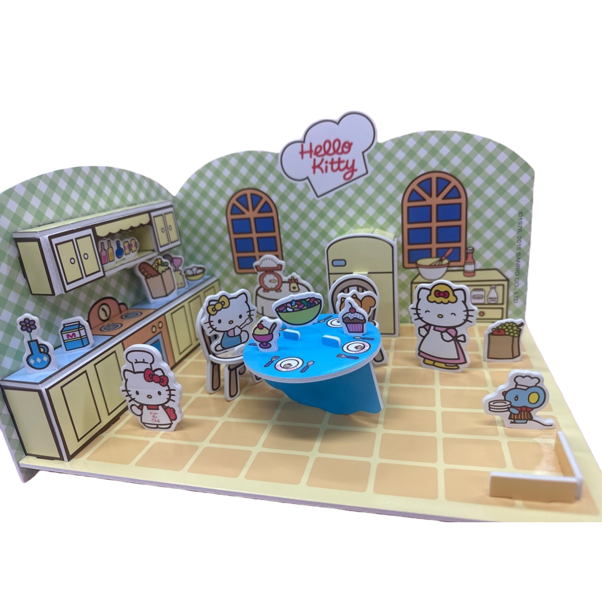 Hello Kitty pink kitchen paper art model with blue dining table, yellow cabinets, green checkered wall and character kitchenware ornaments Item Picture
