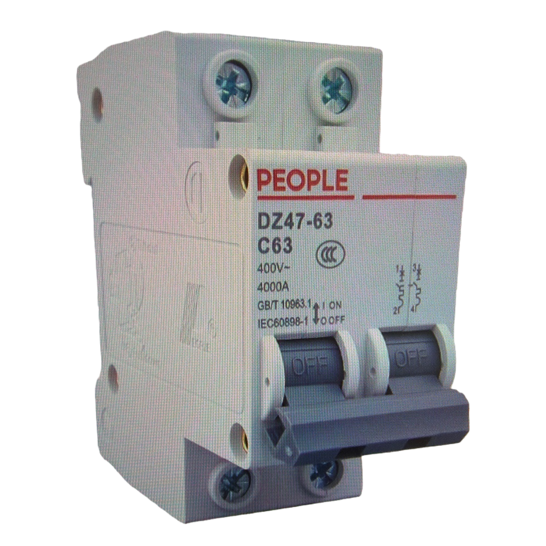 The white plastic-cased bipolar C63 circuit breaker PEOPLE DZ47-63 with an OFF switch label Item Picture