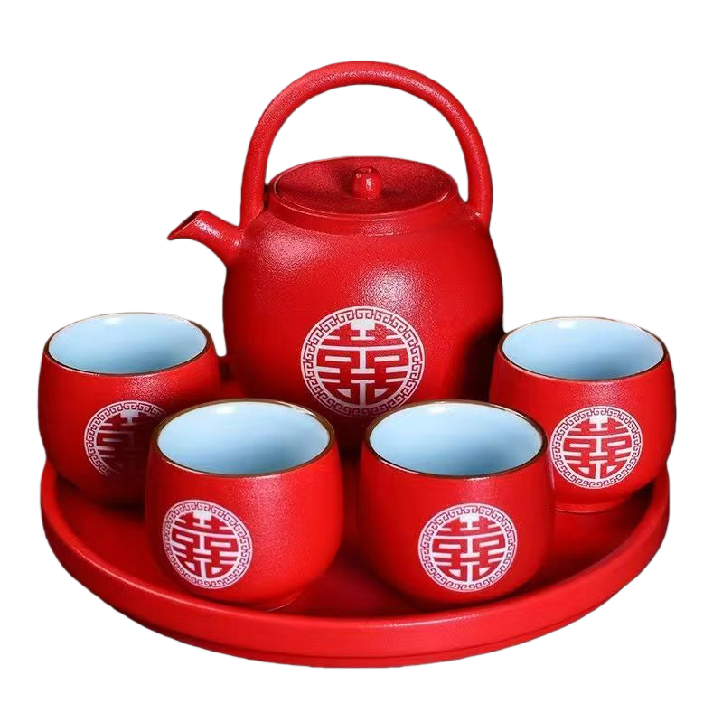 Red Double Happiness tea set, teapot plus four cups in one tray, gift box Item Picture