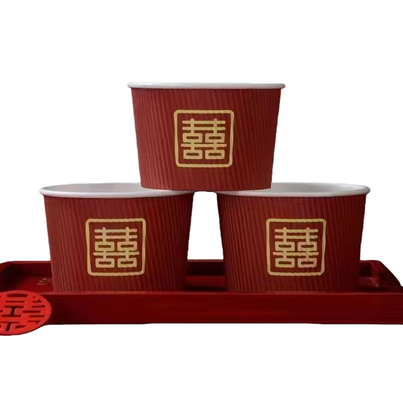 Three red Double Happiness paper cups, stacked on a red tray Item Picture