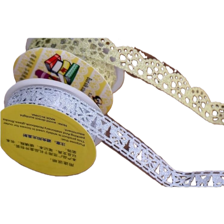 金色银色亮片蕾丝胶带 卷状透明底 镂空花卉几何图案 木质背景 Item Picture