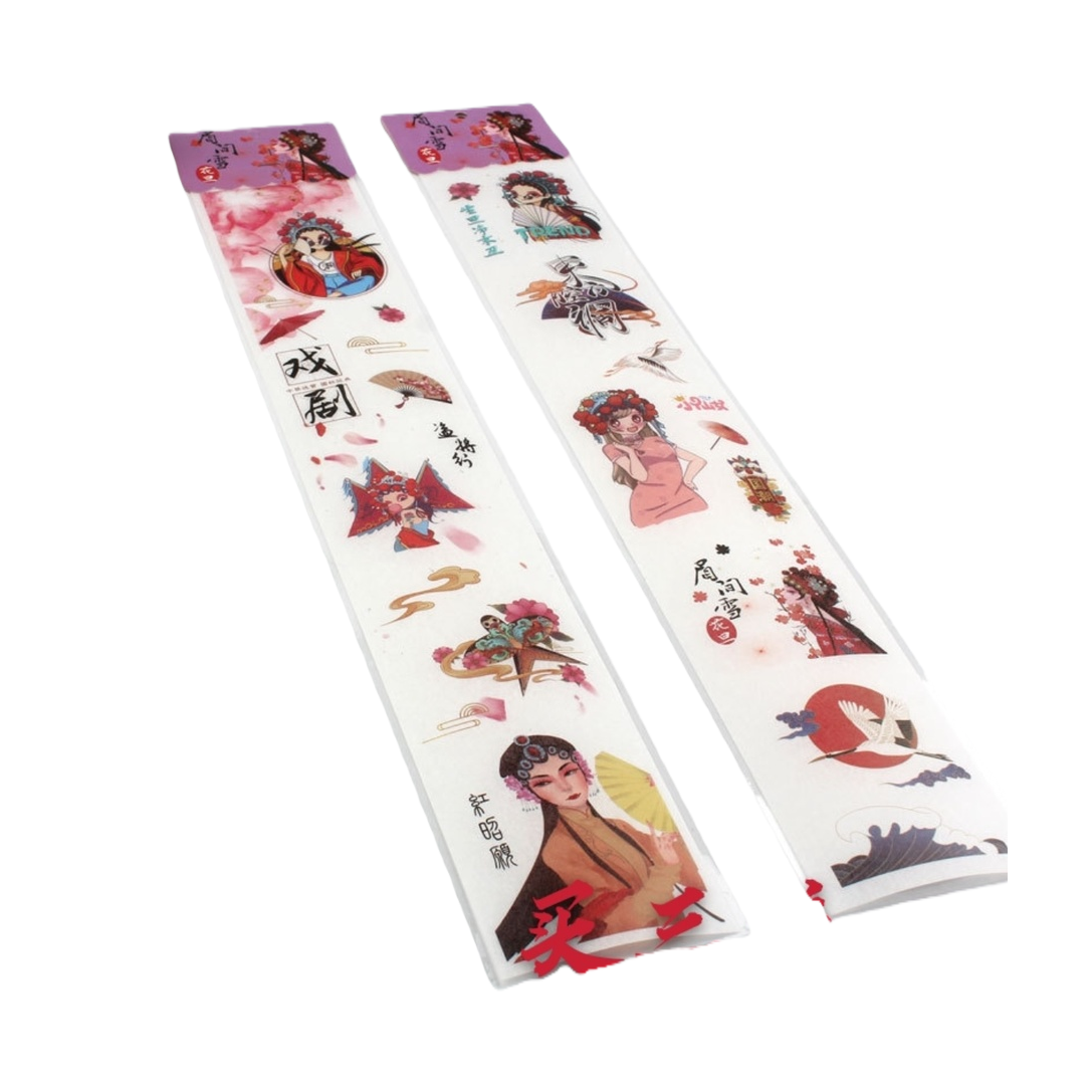 Two rolls of pink and purple opera-themed tape, Peking Opera characters, fan, cloud pattern, red sun, white crane, drama group, butterfly picking, snow between eyebrows Item Picture