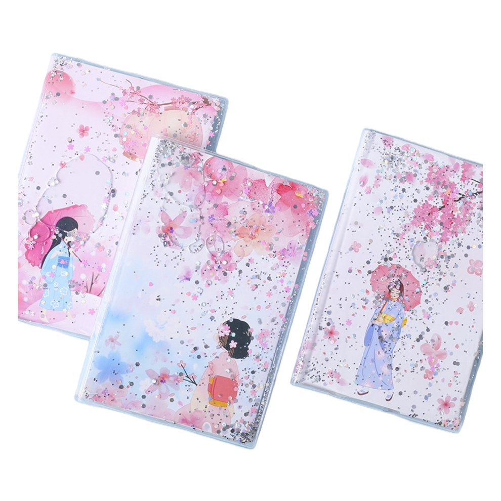 Pink cherry blossom-themed sand notebook with illustrations of three girls in kimonos holding umbrellas Item Picture