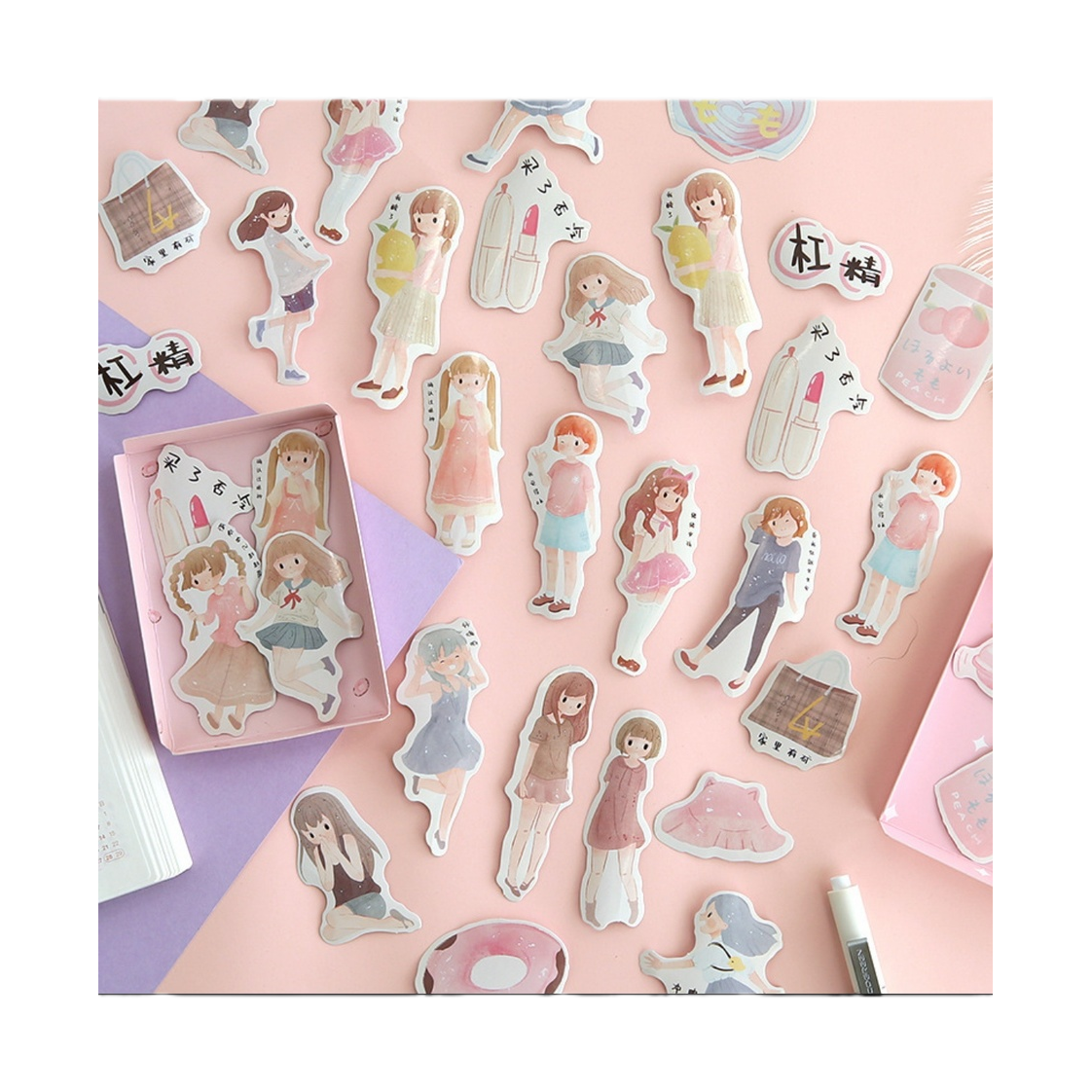 Pink background cartoon girl sticker stationery accessory set Item Picture