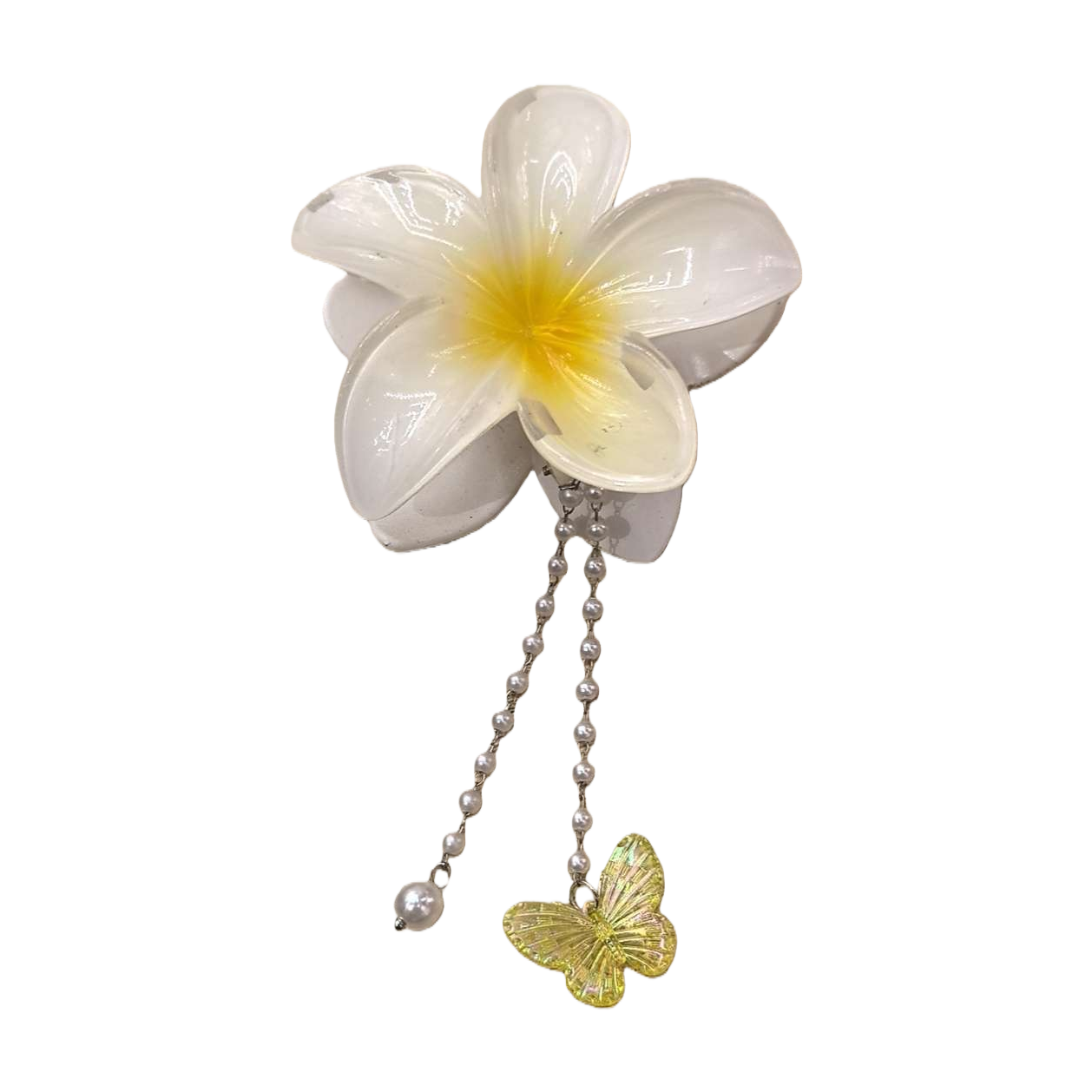 White flower-shaped hairpins with pearl chains and yellow butterfly pendants Item Picture