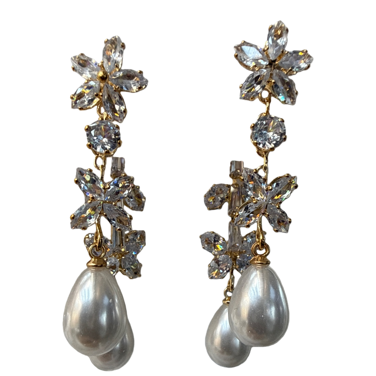 Golden flower-shaped crystal earrings adorned with pearl pendants are light luxury and elegant ladies' accessories Item Picture