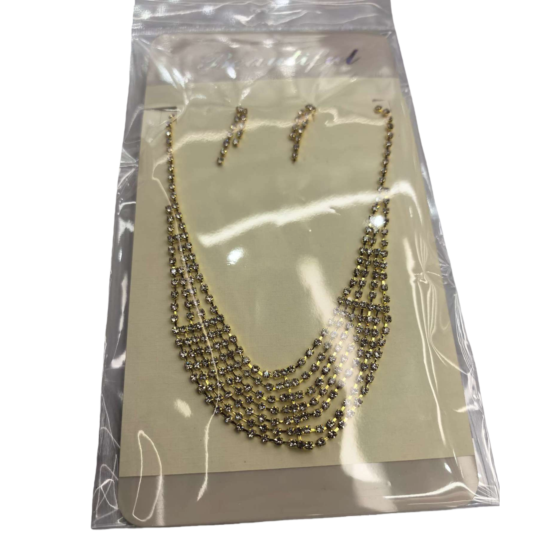 金色多层水钻项链耳钉套装 时尚优雅女士配饰 Item Picture