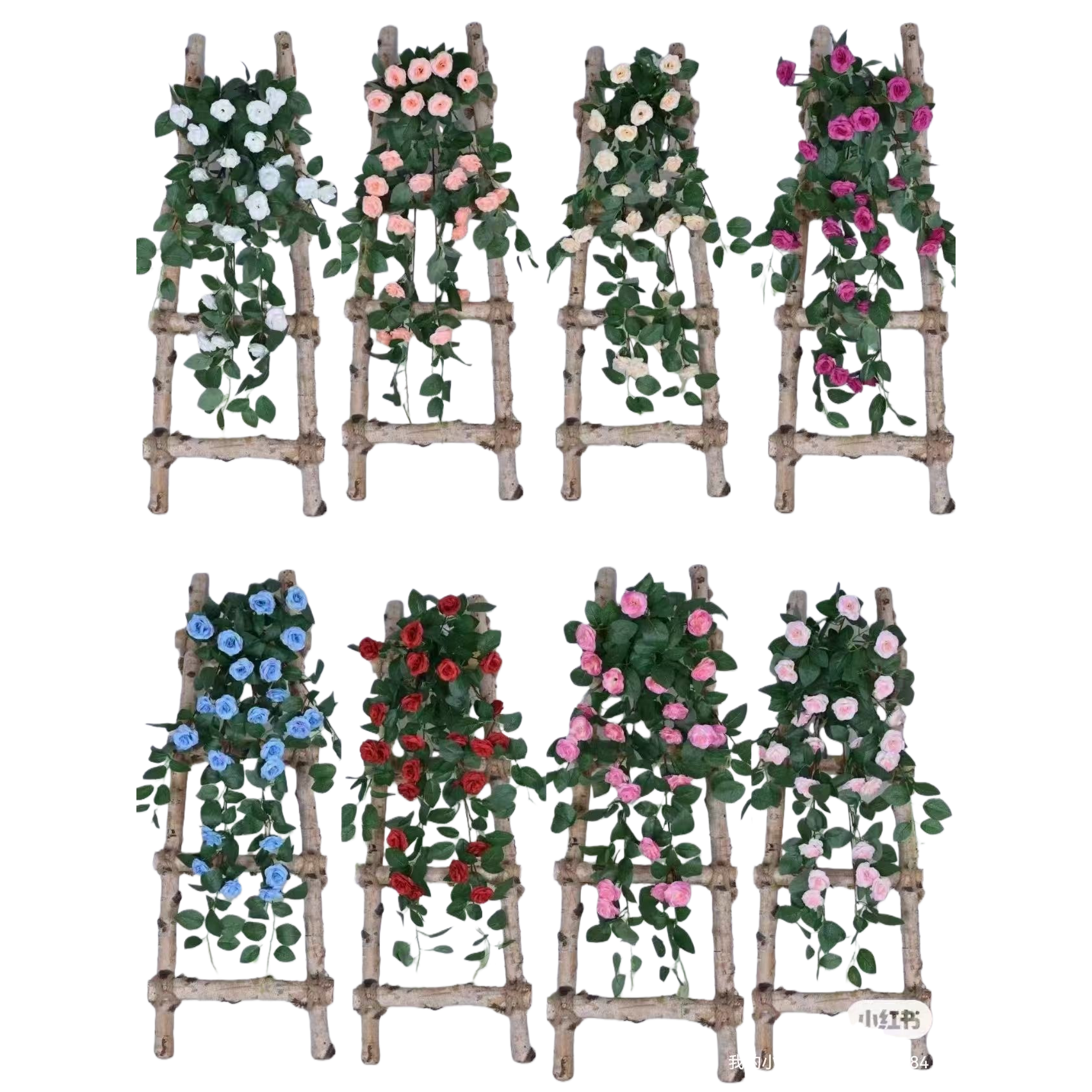 Colorful artificial flower vines with wooden trapezoidal brackets for indoor decorative floral arrangements Item Picture