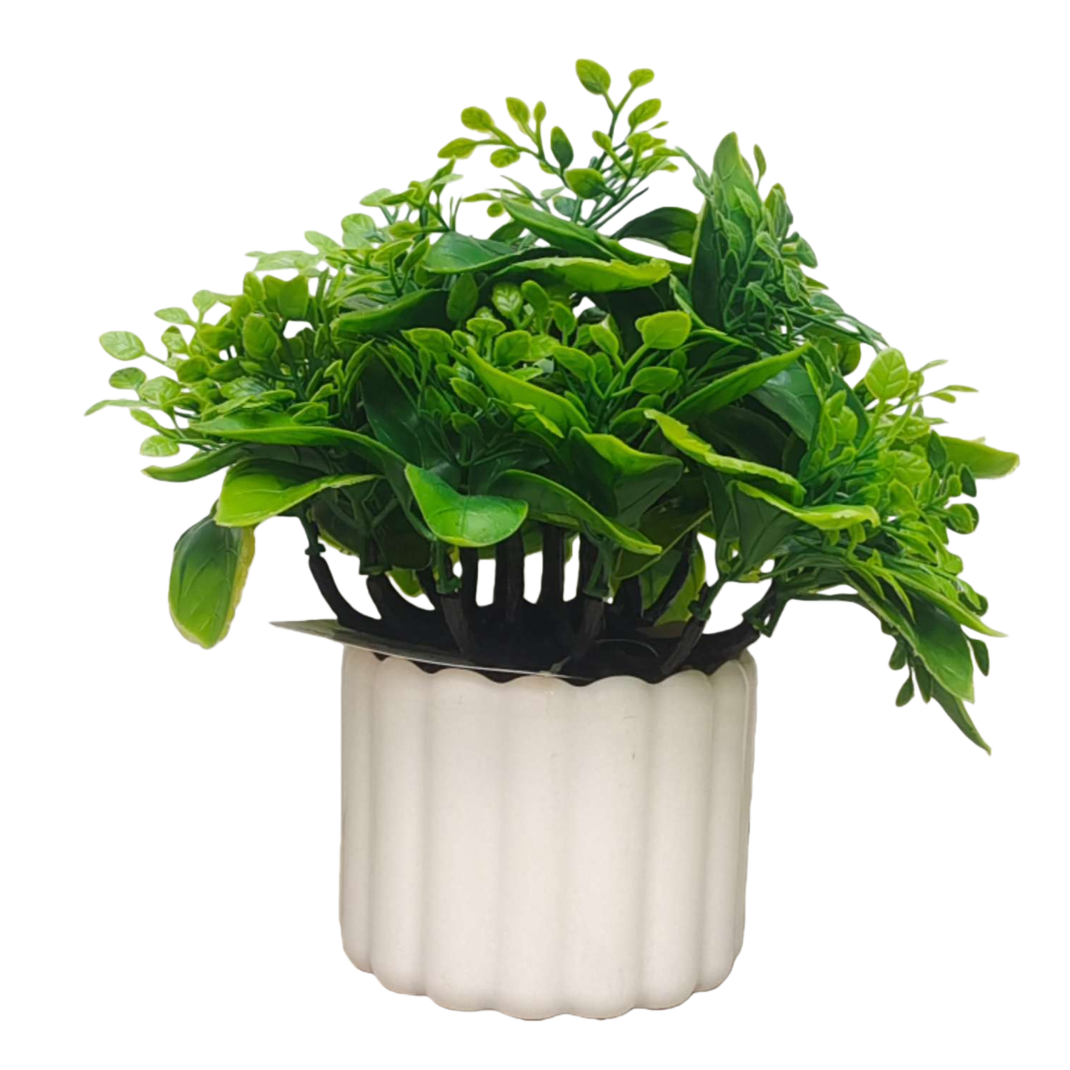 White flowerpots with green artificial plants as living room and balcony decorative items Item Picture
