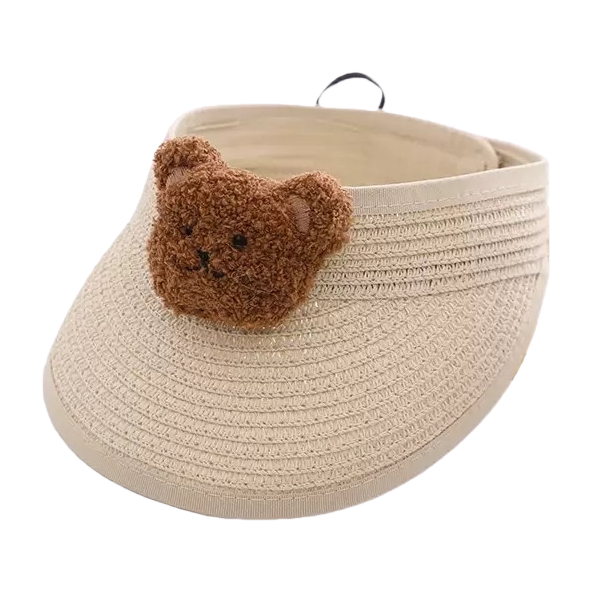 A beige straw-woven sun hat paired with a brown bear plush decorated summer sun protection hat Item Picture