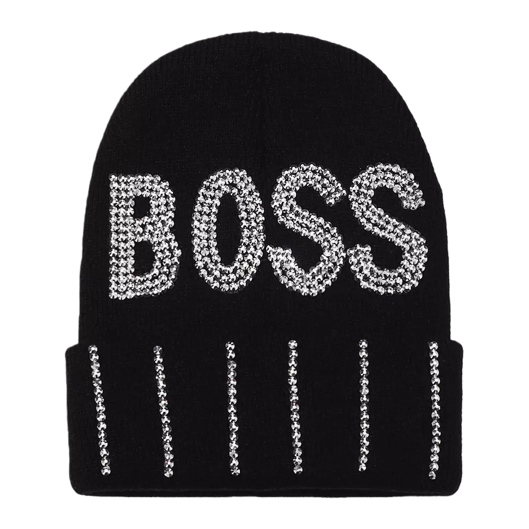 黑色镶钻“BOSS”字样针织帽白底实物图