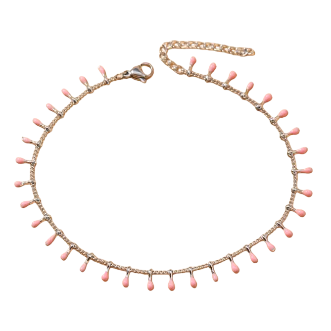 Stainless steel silver chain anklets with pink oil and water drop decorative fashionable accessories are popular in Europe and America Item Picture