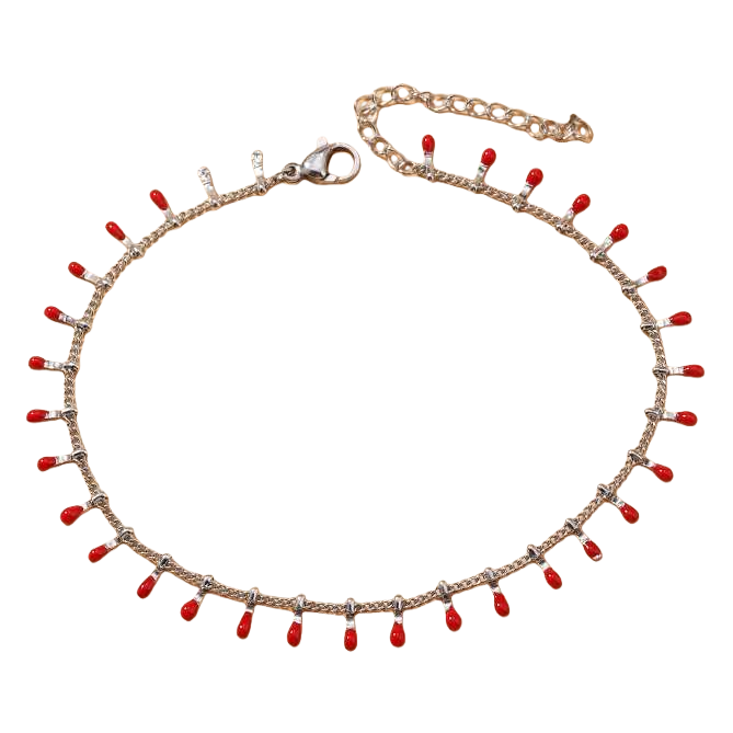 Stainless steel golden chain with red oil and water drop pendant anklets is a fashionable accessory in Europe and America Item Picture