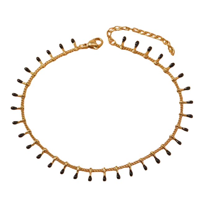 Stainless steel golden chain feet with black oil and water drop decorations are popular in Europe and America. They are fashionable, simple and versatile accessories Item Picture