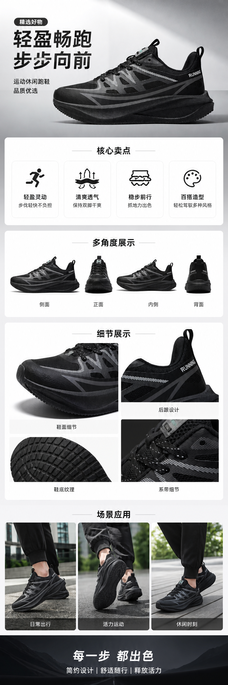 黑色轻量缓震跑步鞋男女士通用运动休闲鞋详情1