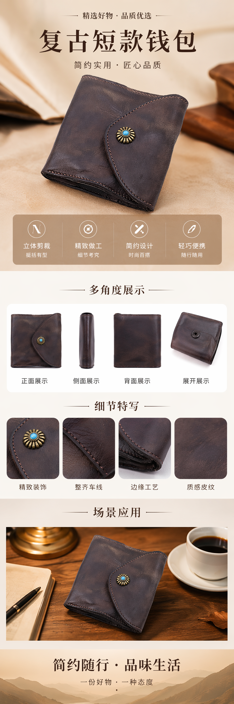 深棕色真皮男士长款钱包简约商务复古风 pic 1