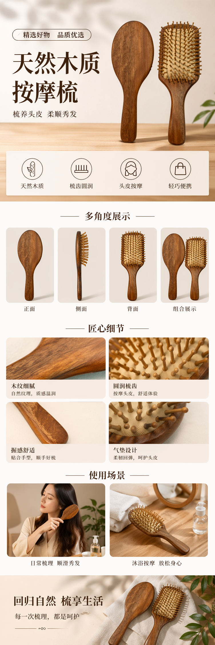 木质双面美发梳 左侧按摩右带木齿 牛角养生气囊卡通梳详情1