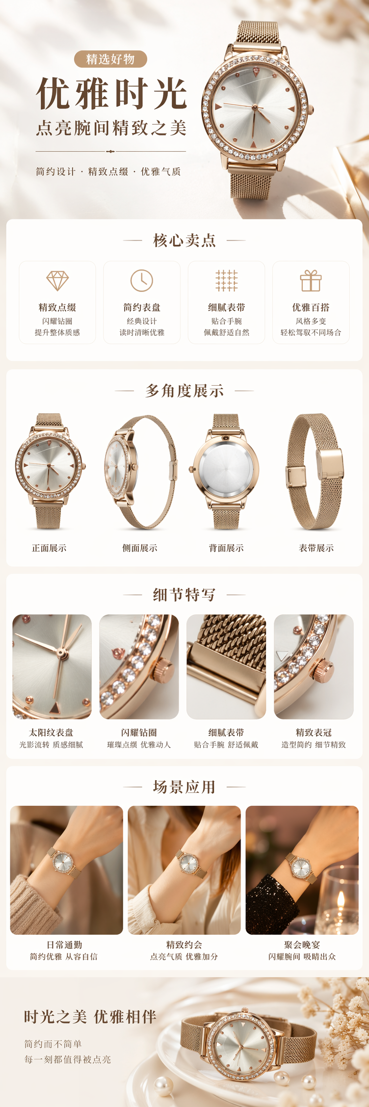 金色镶钻表盘女士手表 精致时尚轻奢腕表详情1